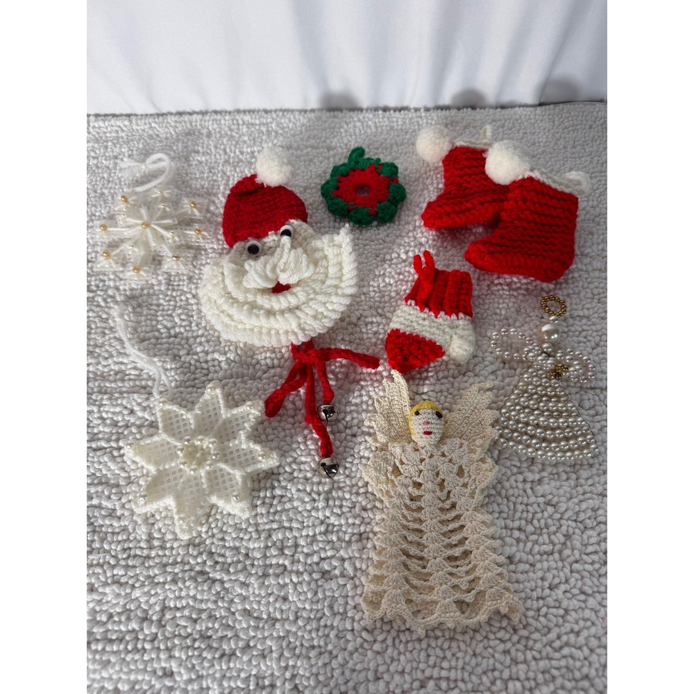 VTG Handmade Crochet Christmas Ornaments 9‎ pc Lot Santa Boots Angel Snowflake